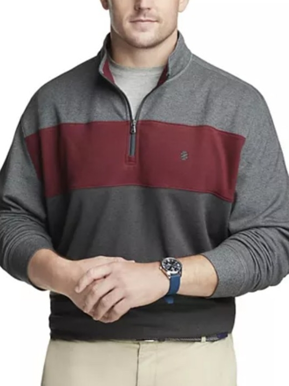 Izod Men's Colorblocked Quarter-Zip Sweater in Gray and Burgundy